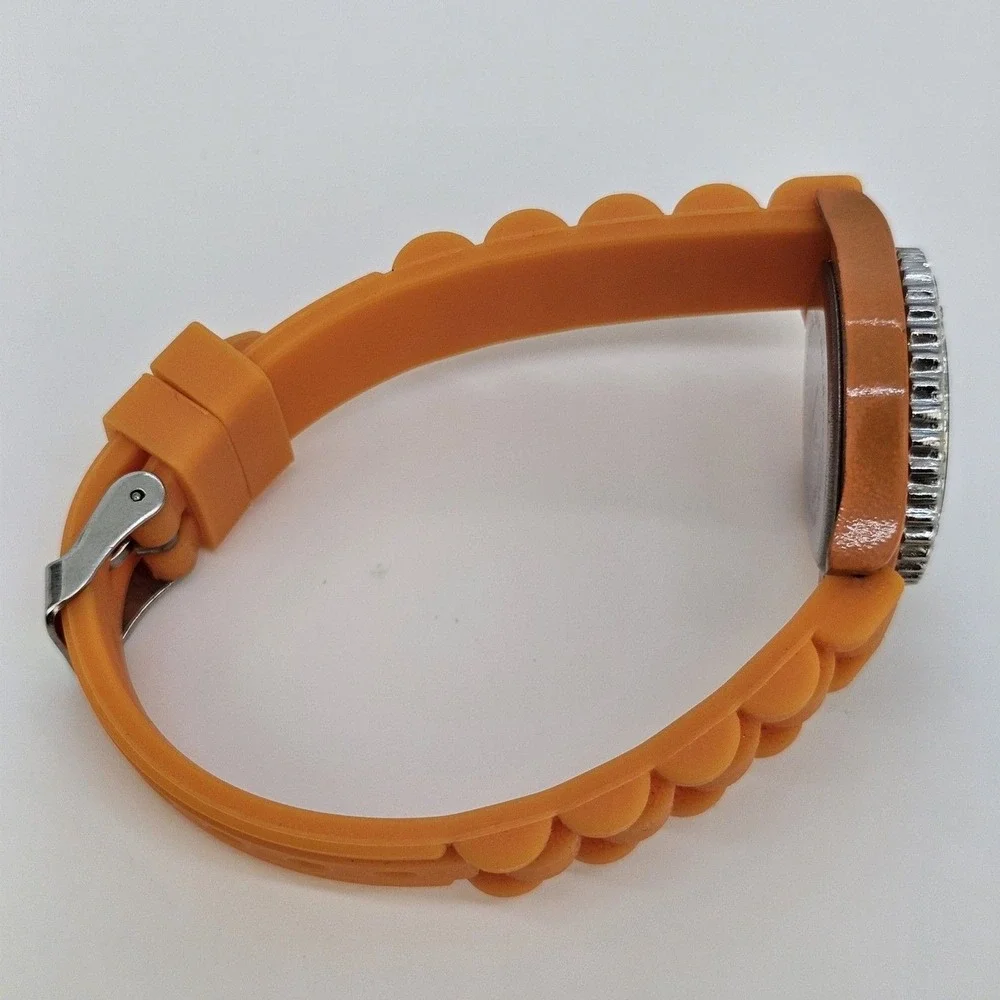 30MM Watch Women Orange Dial Crystal Bezel‎ Orange Plastic Bands New Battery